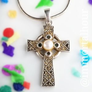 Sterling Silver Ireland Cross Real Pearl Marcasite